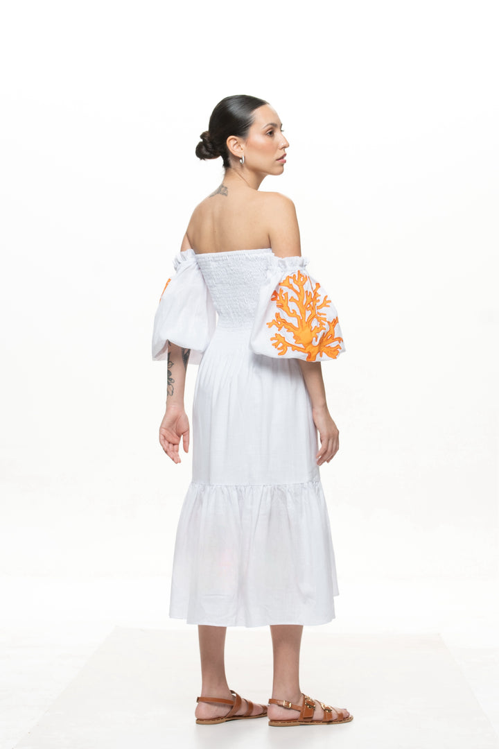 Vestido Lastex Basic Maraú Branco com Bordado Laranja