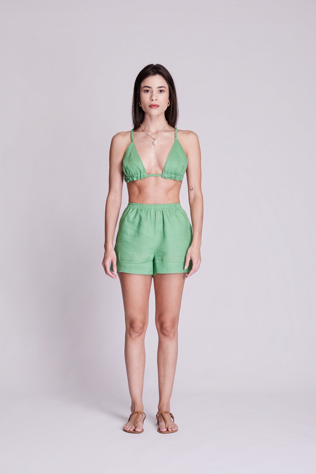 Shorts Cocar Linho Verde Folha