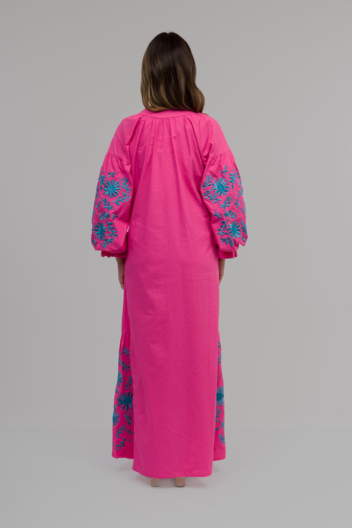 Vestido Joana Linho Rosa Pink com Azul Turquesa
