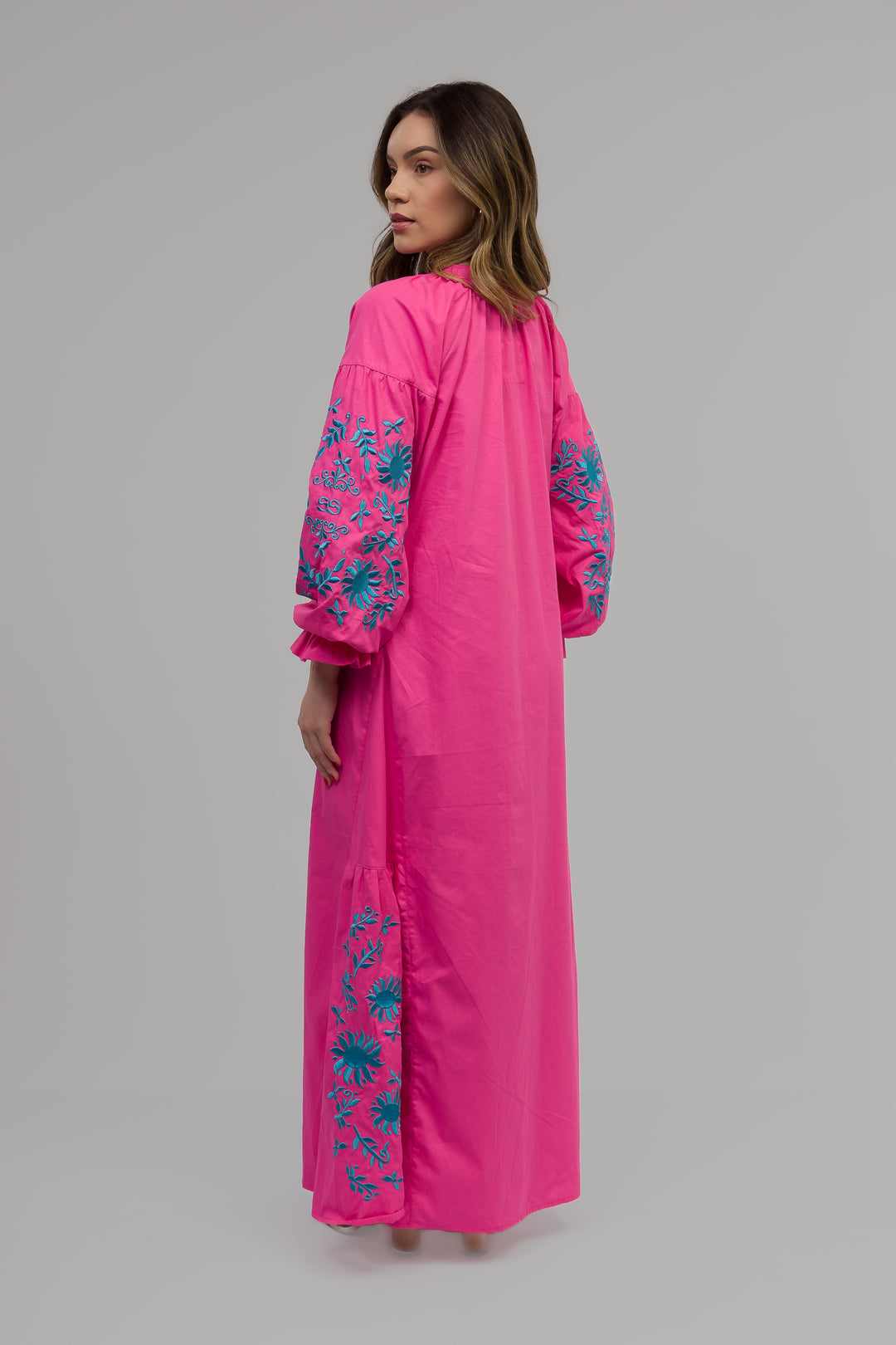 Vestido Joana Linho Rosa Pink com Azul Turquesa