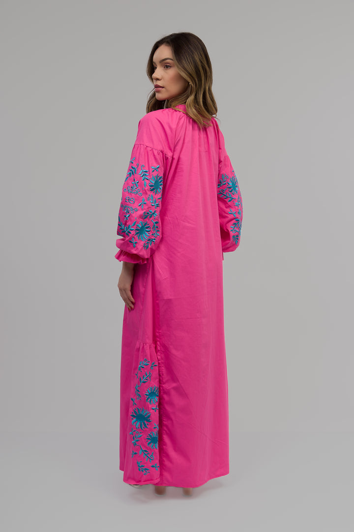Vestido Joana Linho Rosa Pink com Azul Turquesa