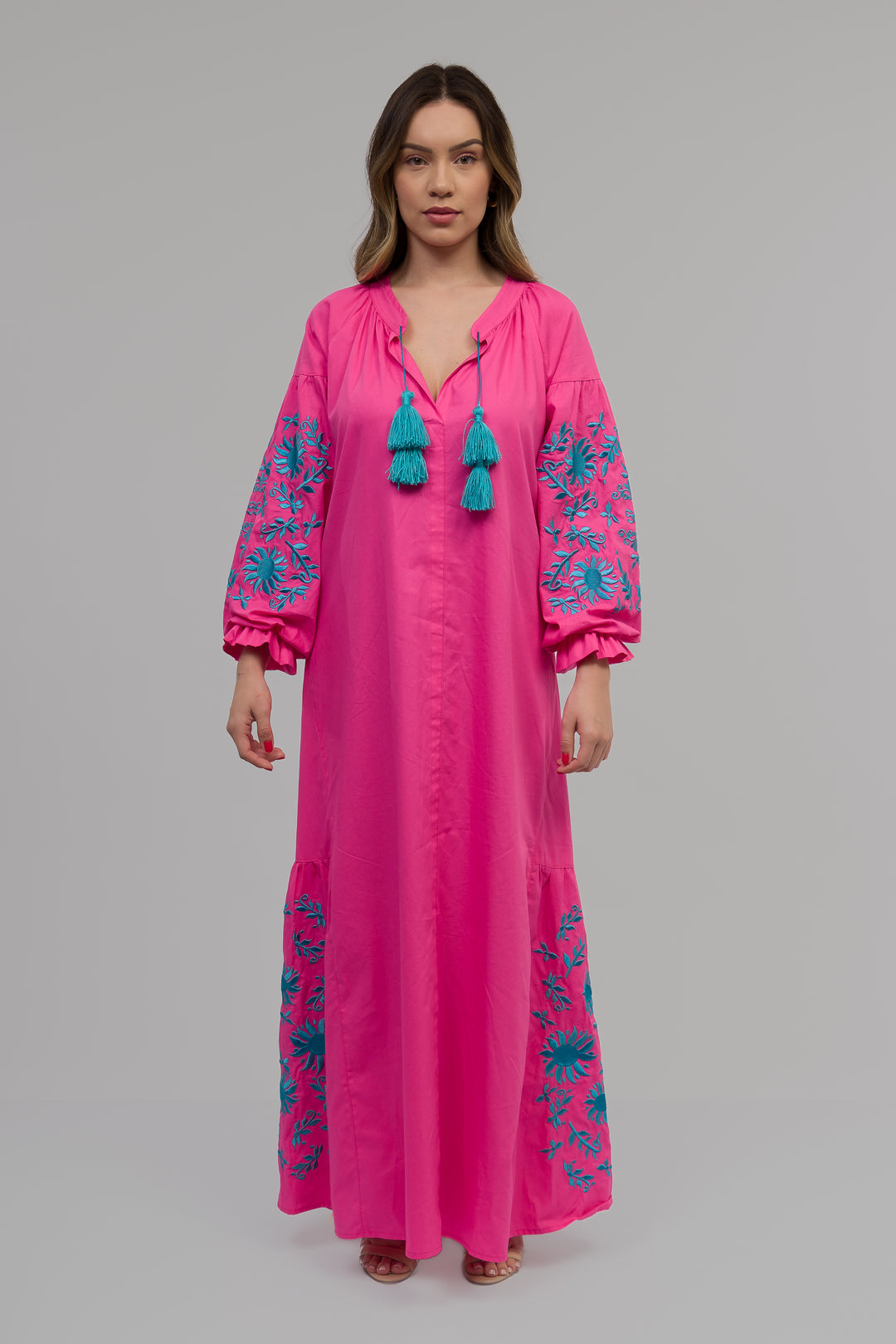 Vestido Joana Linho Rosa Pink com Azul Turquesa