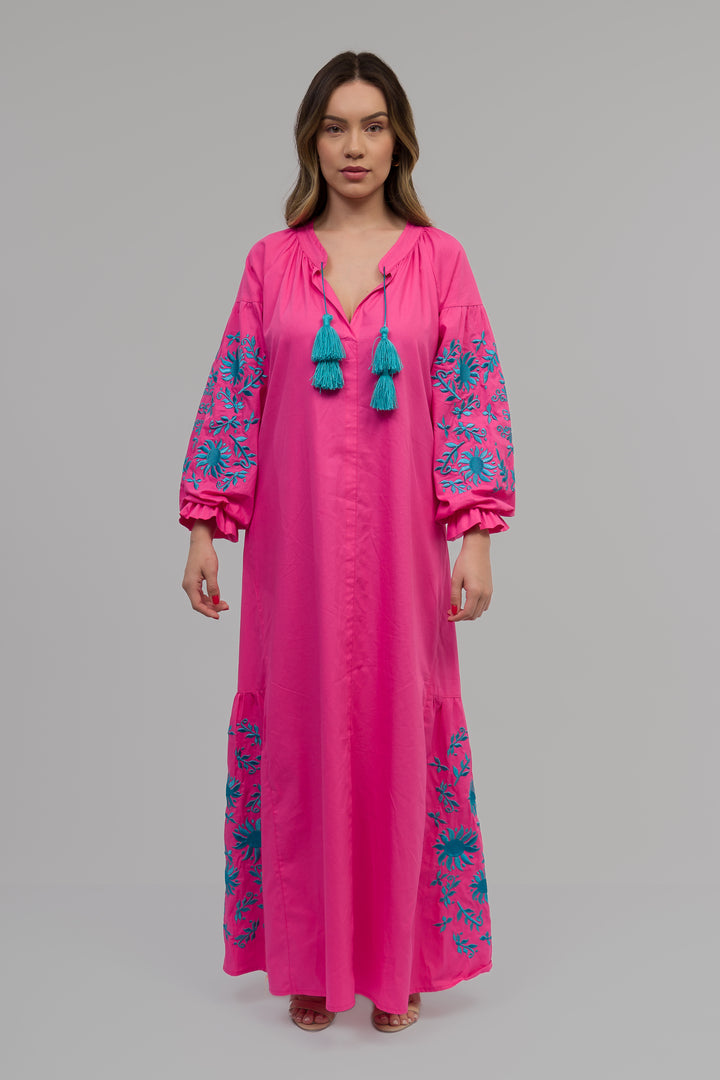 Vestido Joana Linho Rosa Pink com Azul Turquesa