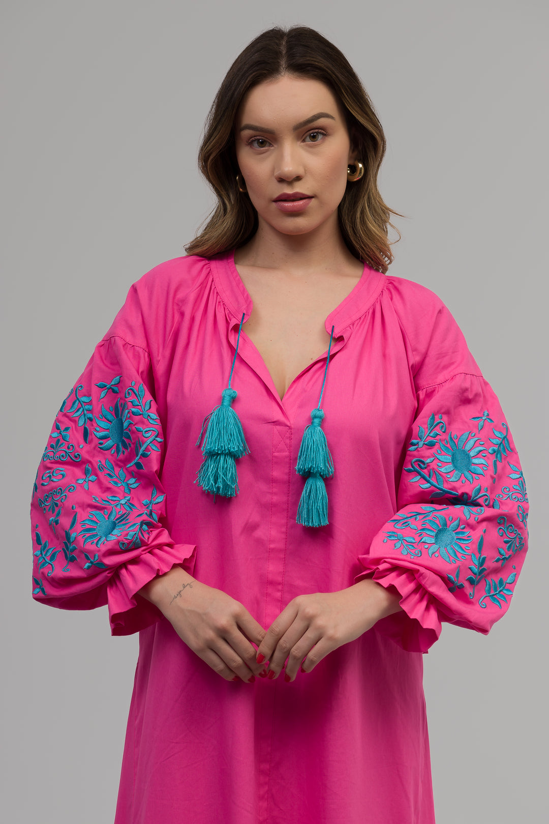 Vestido Joana Linho Rosa Pink com Azul Turquesa