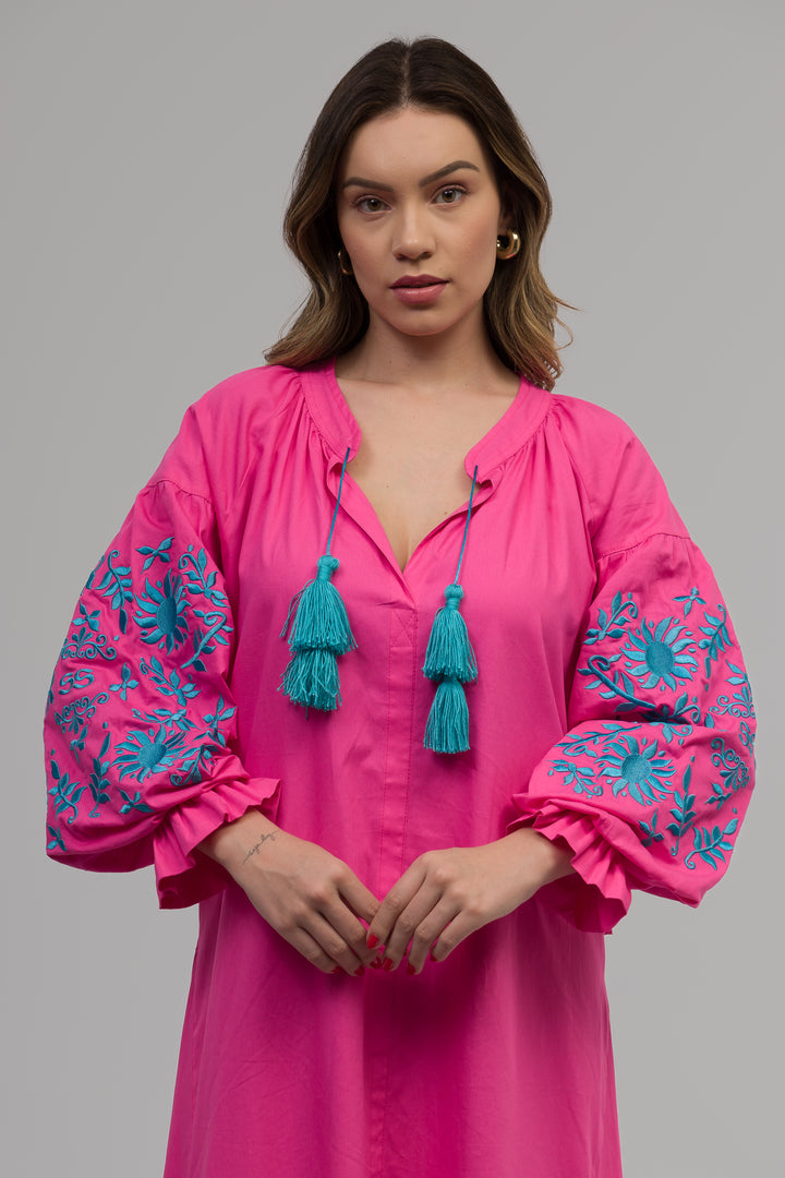 Vestido Joana Linho Rosa Pink com Azul Turquesa