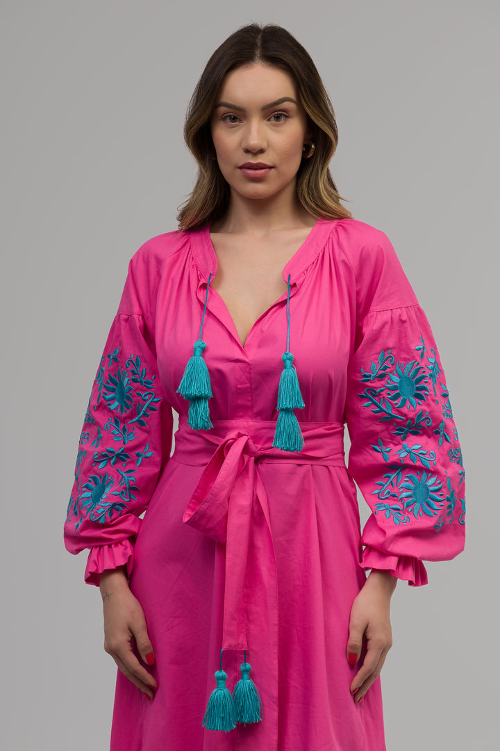 Vestido Joana Linho Rosa Pink com Azul Turquesa