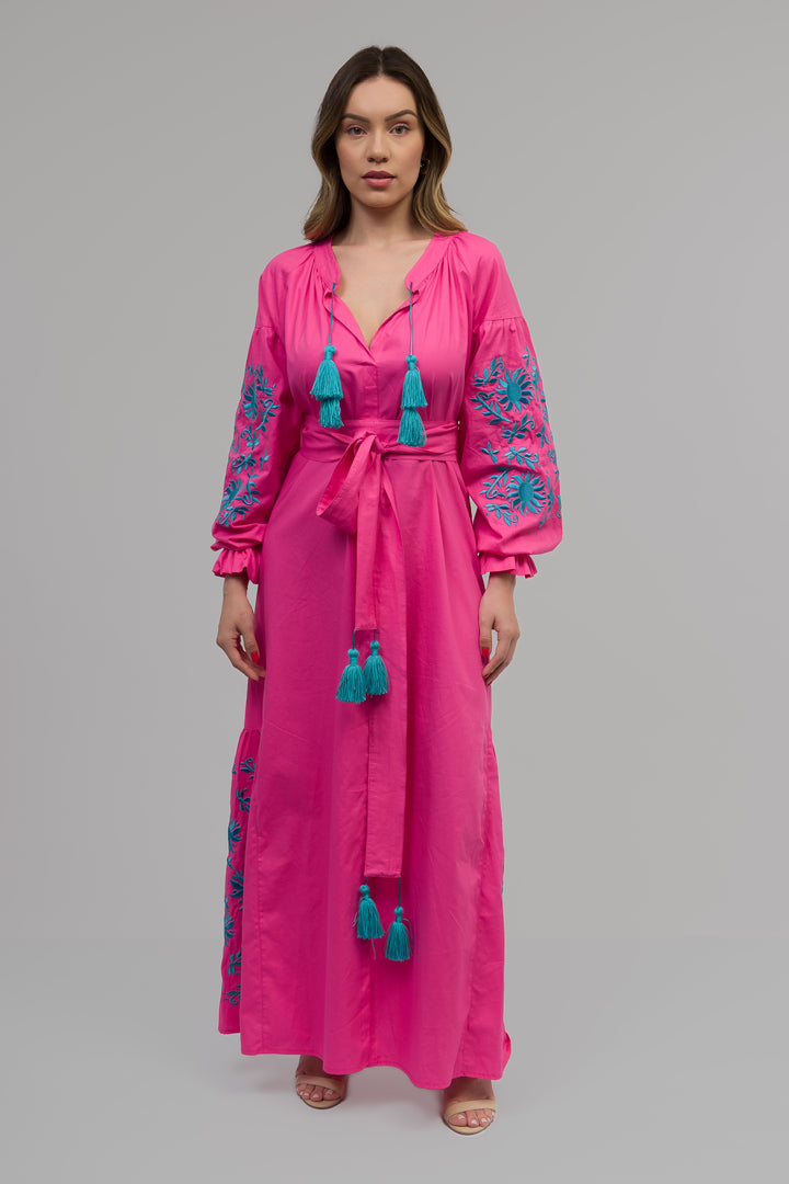 Vestido Joana Linho Rosa Pink com Azul Turquesa