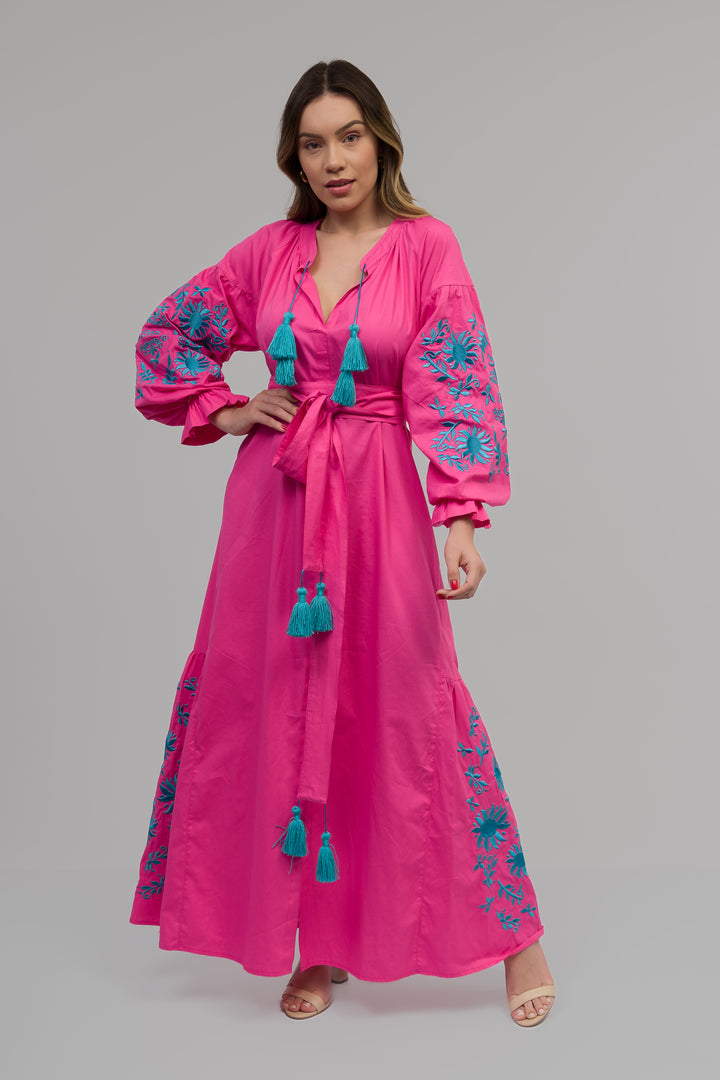 Vestido Joana Linho Rosa Pink com Azul Turquesa