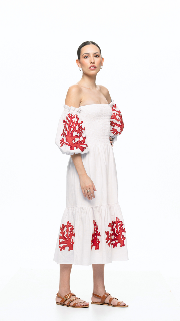 Vestido Lastex Maraú Branco com Bordado Vermelho