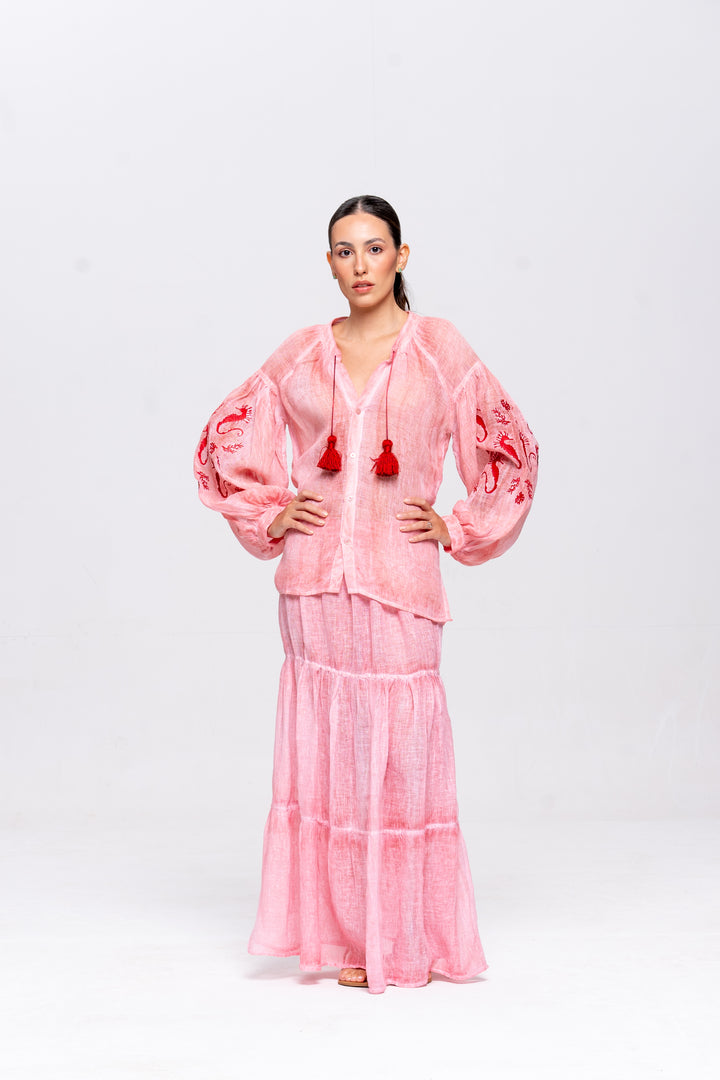 Bata Brigite Gaze de Linho Rosa Velho Bordado Vermelho