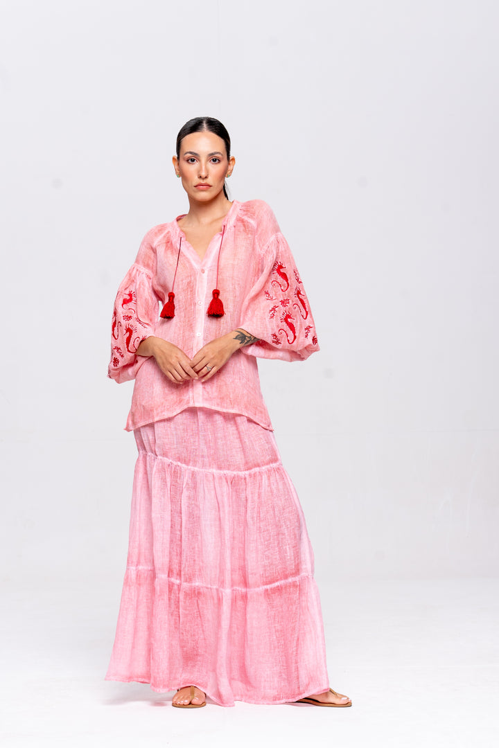 Bata Brigite Gaze de Linho Rosa Velho Bordado Vermelho