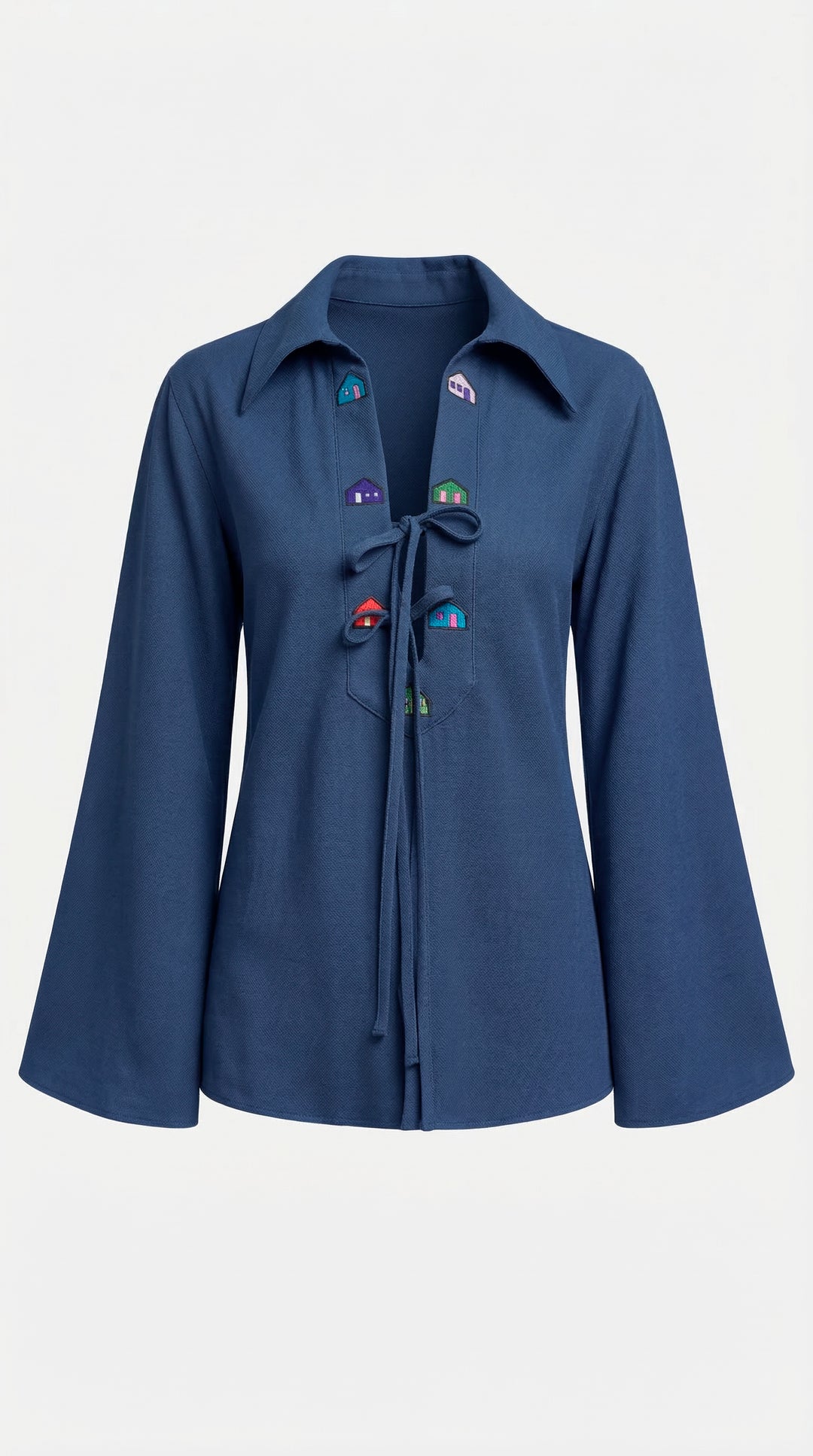 Bata Cotidiano Azul Índigo Bordado Casas