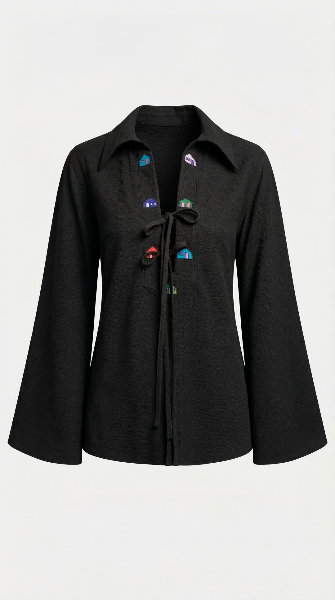 Bata Cotidiano Preta Bordado Casas