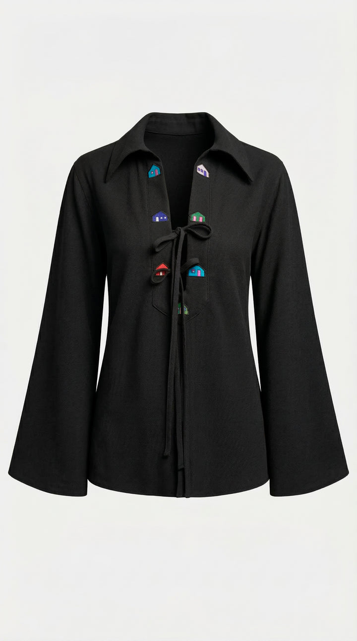 Bata Cotidiano Preta Bordado Casas