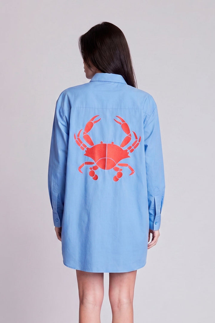 Camisa Maré Alta Algodão Azul Bordado King Crab Vermelho