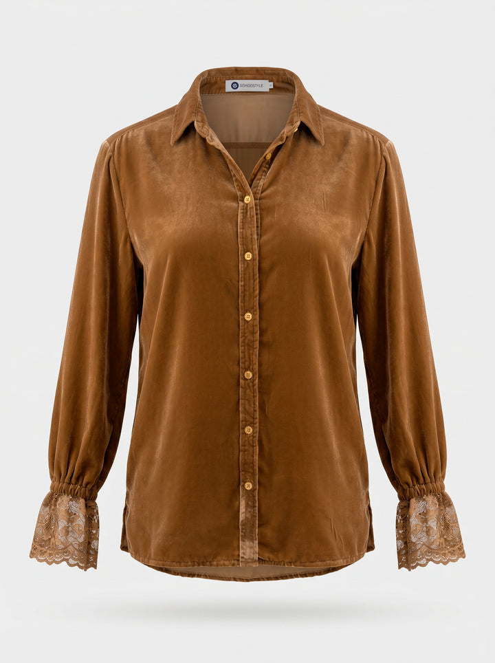 Camisa Antonella Veludo Caramelo Bordado Coração