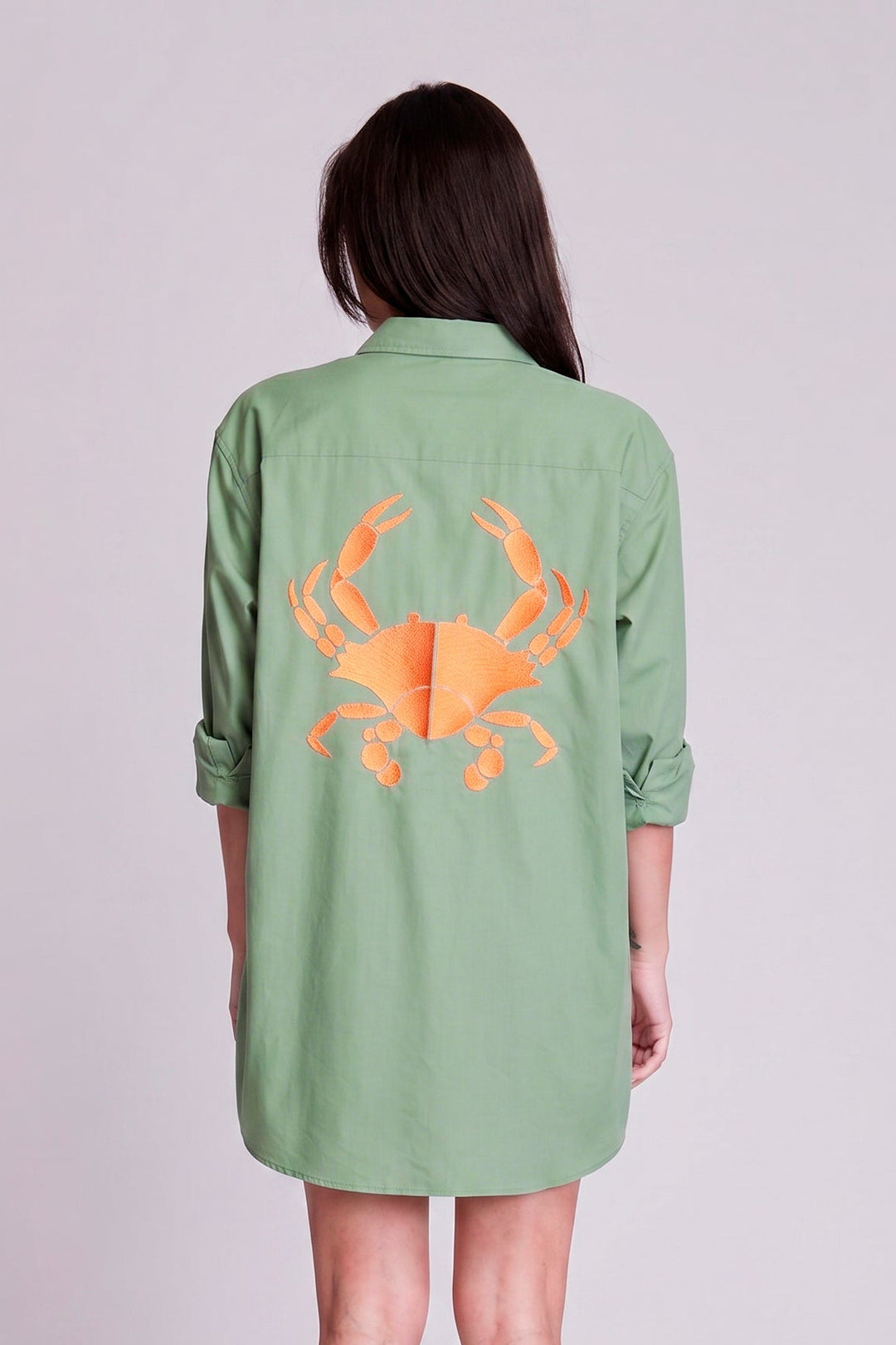 Camisa Maré Alta Algodão Verde Bordado King Crab Laranja