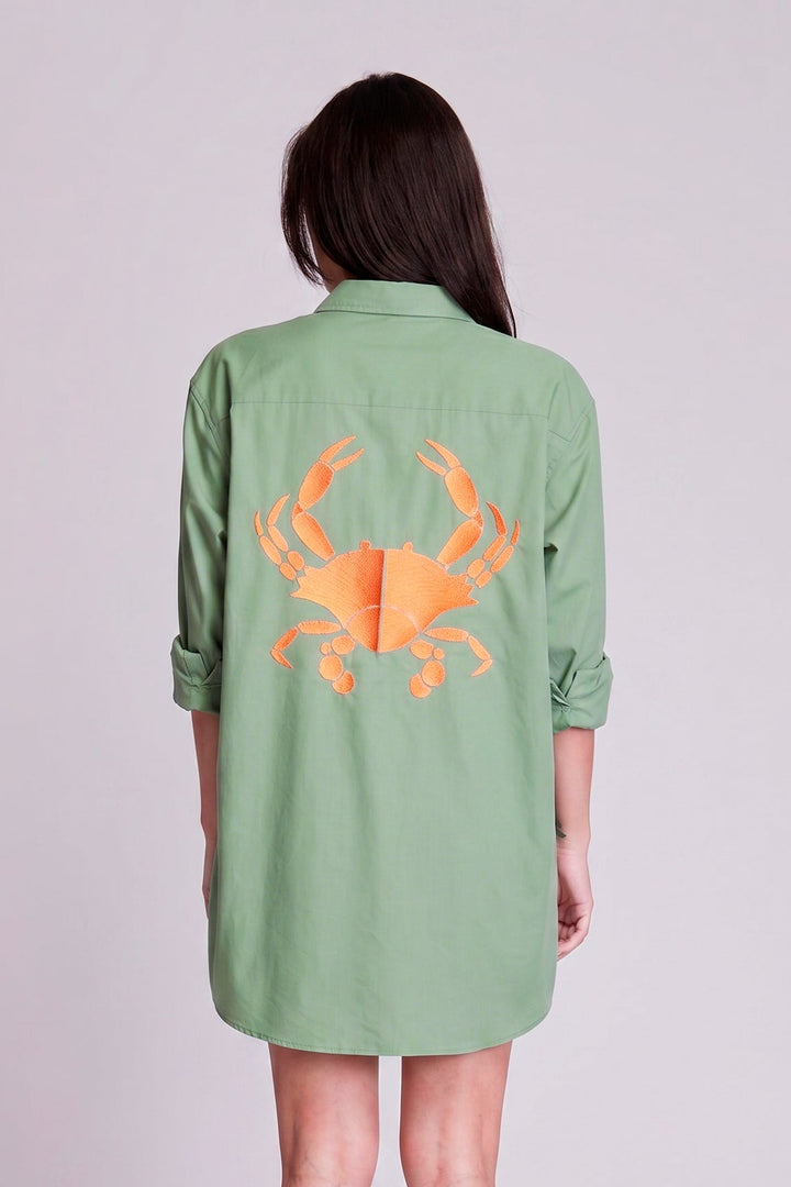 Camisa Maré Alta Algodão Verde Bordado King Crab Laranja