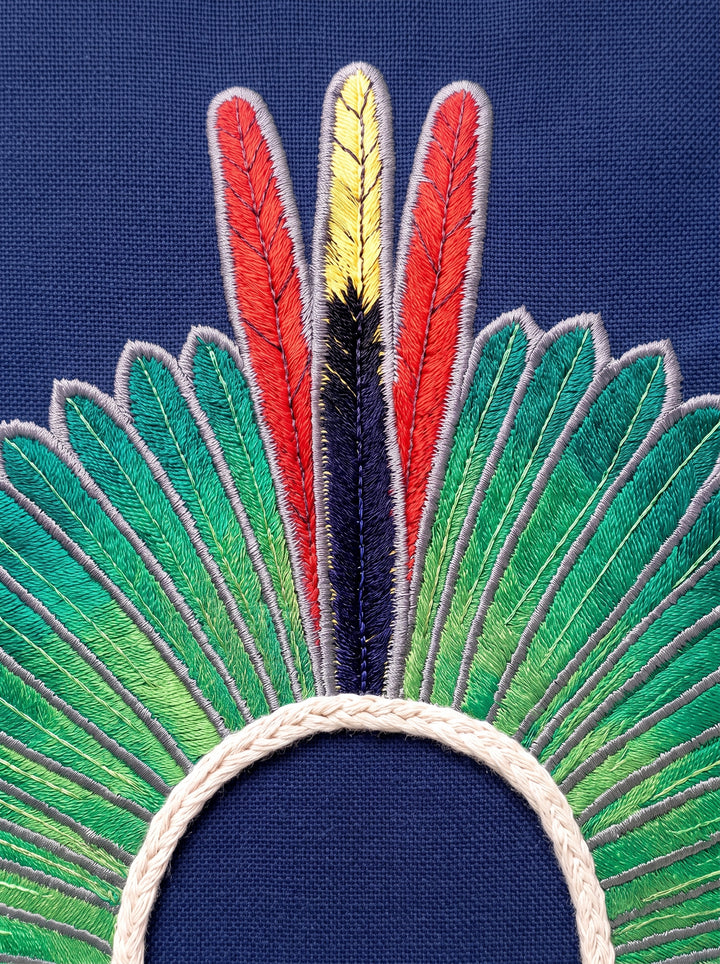 Almofada Cocar Linho Azul Marinho com Verde