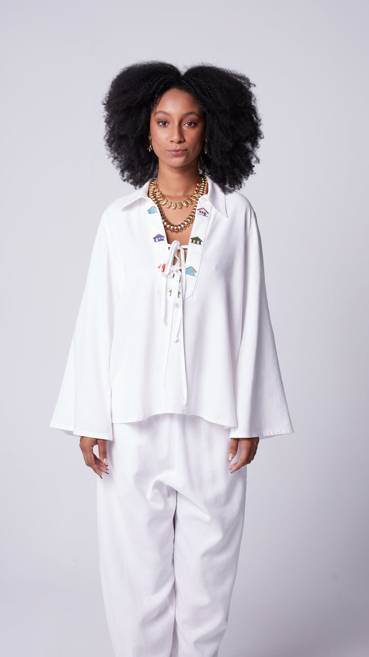 Bata Cotidiano Branca Bordado Casas