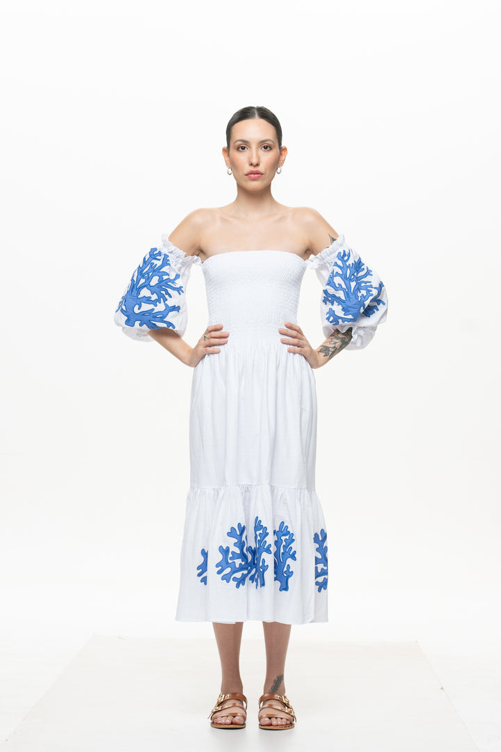 Vestido Lastex Maraú Branco com Azul Turquesa