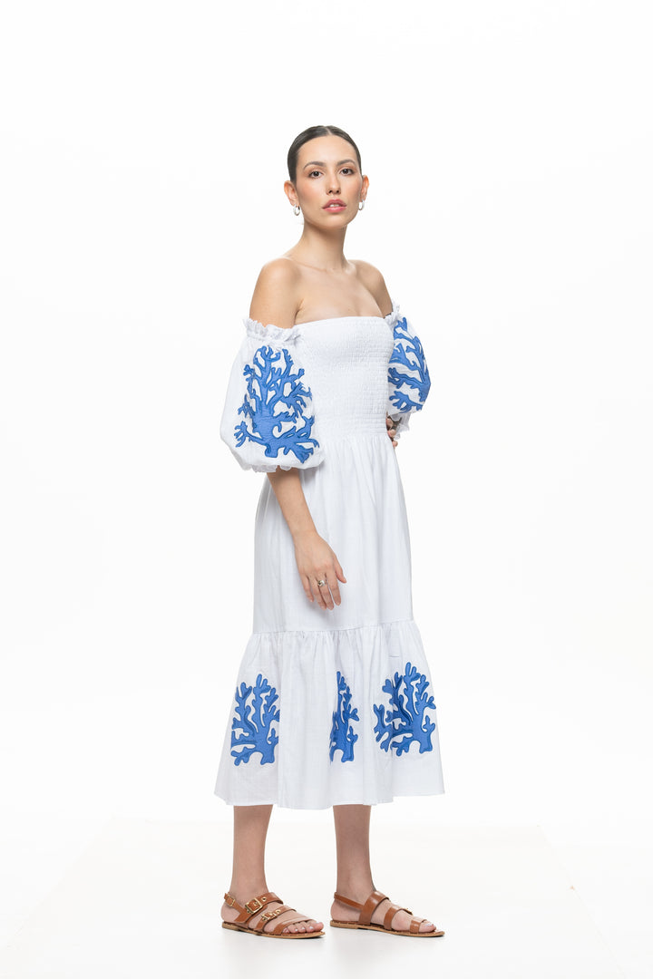 Vestido Lastex Maraú Branco com Azul Turquesa