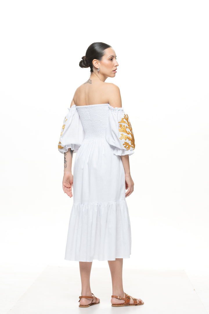 Vestido Lastex Basic Maraú Branco com Bordado Dourado