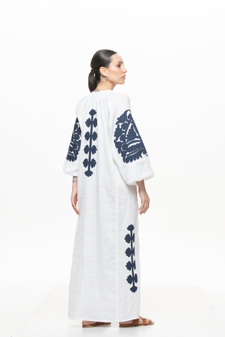 Vestido Osíris Branco com Azul Marinho