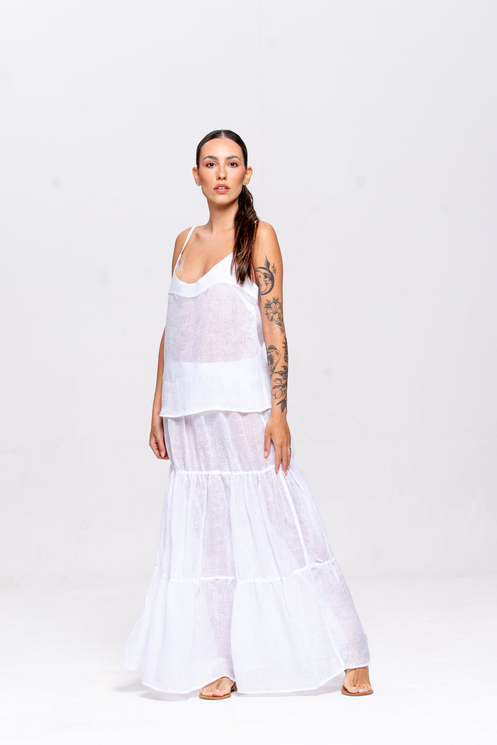 Saia Brigite Gaze de Linho Branco