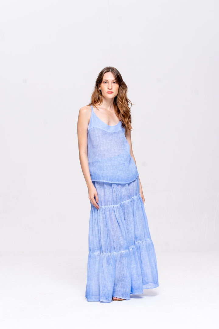 Saia Brigite Gaze de Linho Azul Caribe