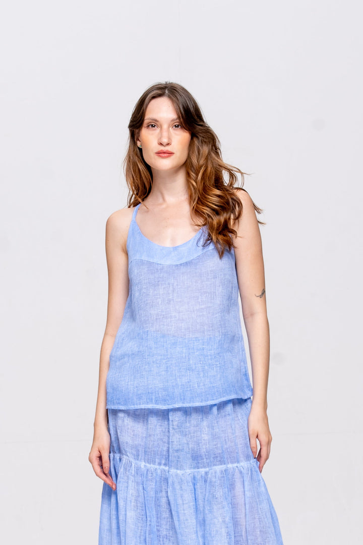 Regata Brigite Gaze de Linho Azul Caribe