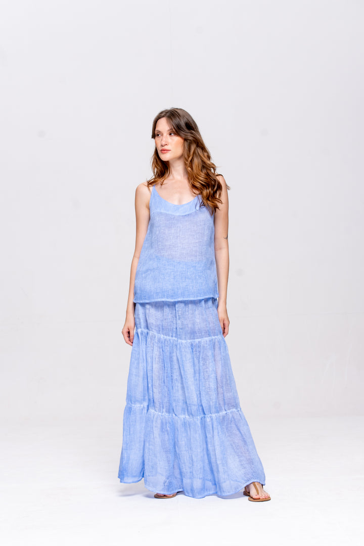 Saia Brigite Gaze de Linho Azul Caribe