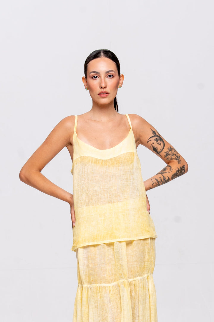 Regata Brigite Gaze de Linho Amarelo Manteiga