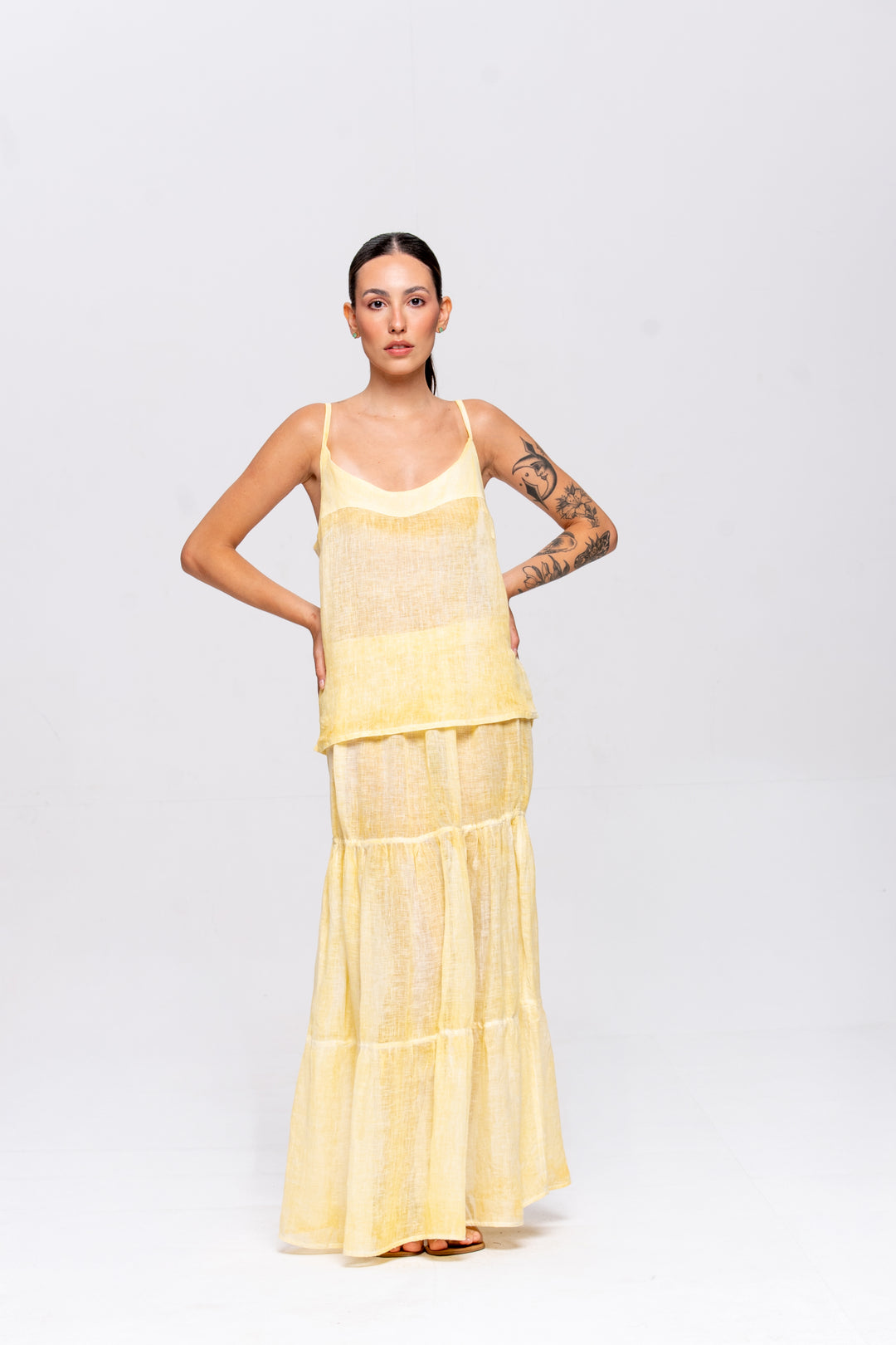 Saia Brigite Gaze de Linho Amarelo Manteiga