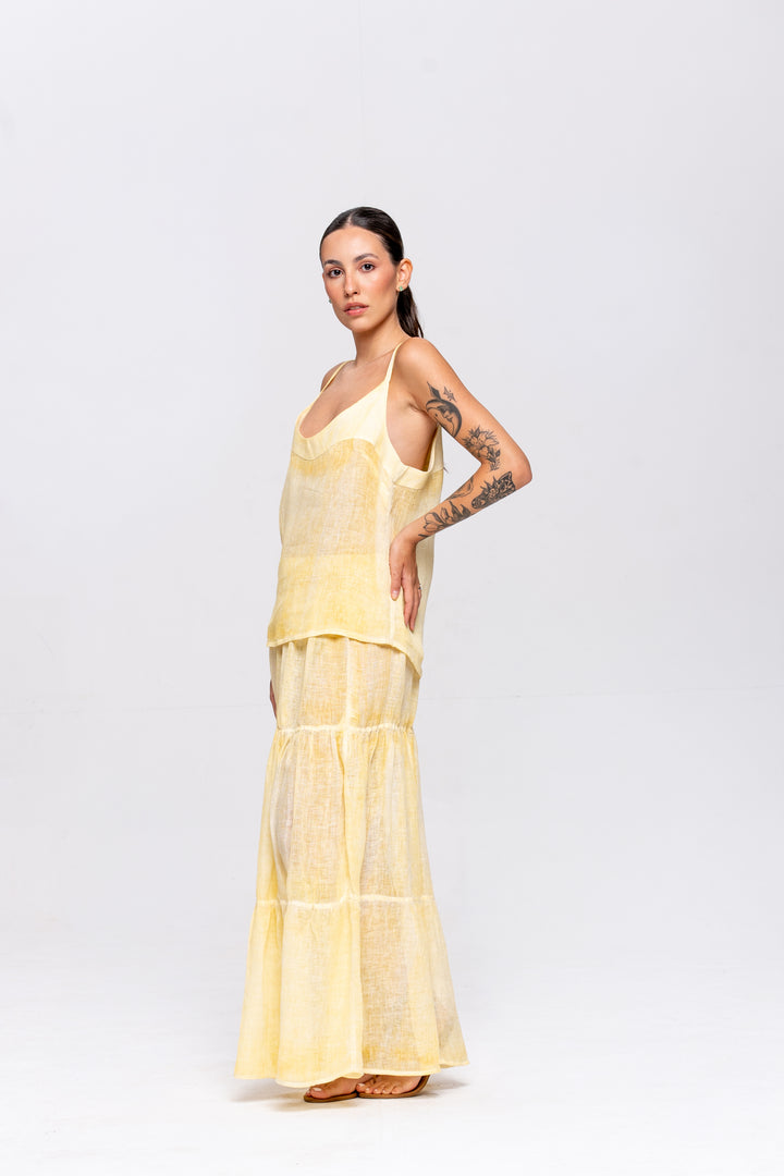 Saia Brigite Gaze de Linho Amarelo Manteiga