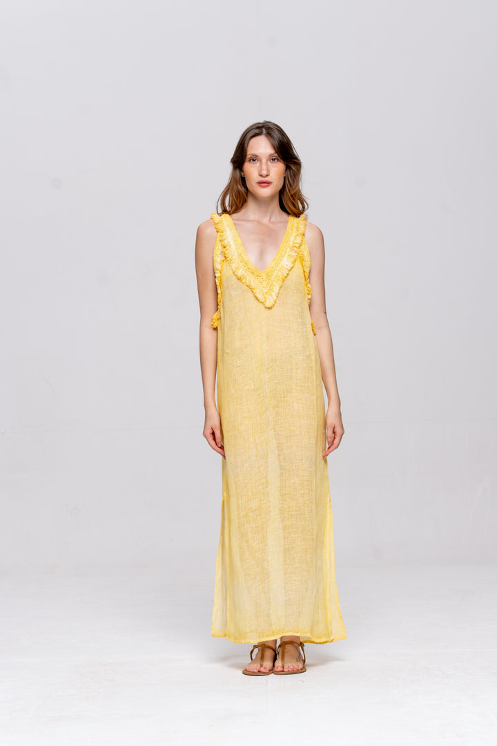 Vestido Alça Brigite Gaze de Linho Amarelo Manteiga