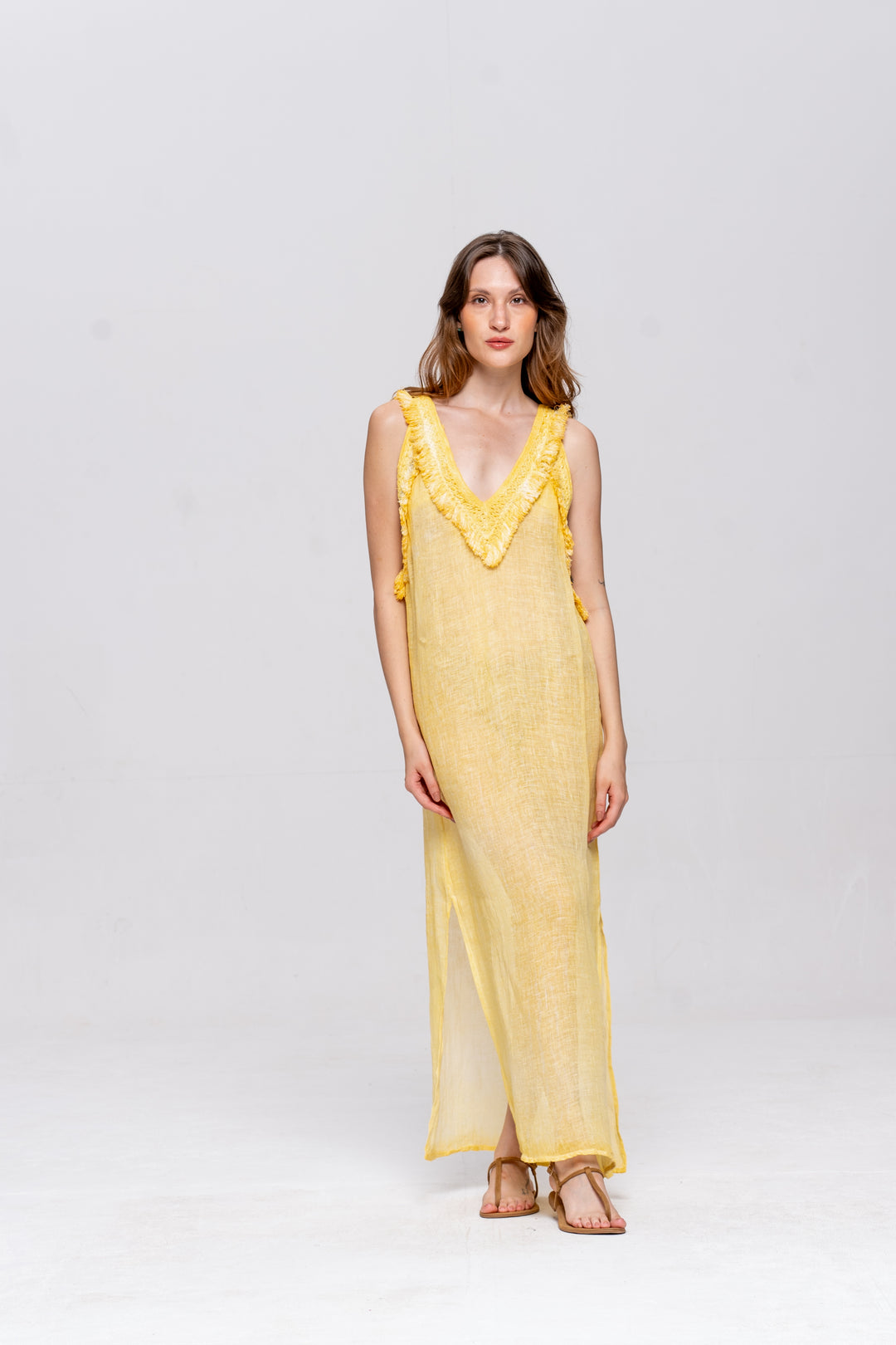Vestido Alça Brigite Gaze de Linho Amarelo Manteiga