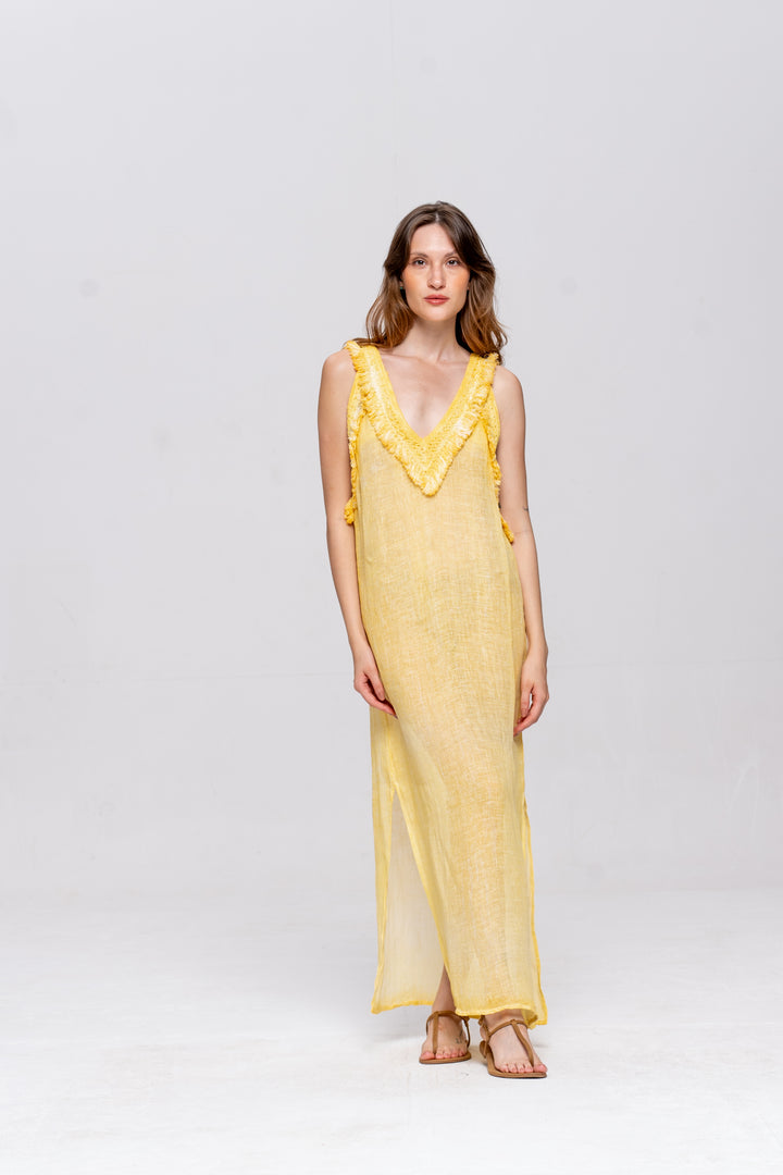 Vestido Alça Brigite Gaze de Linho Amarelo Manteiga