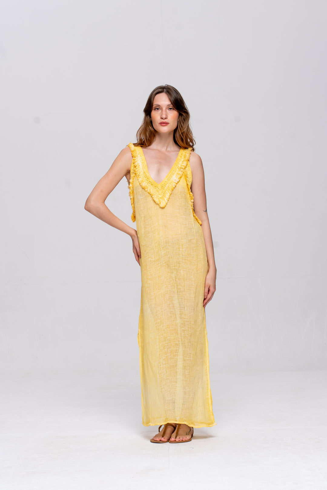 Vestido Alça Brigite Gaze de Linho Amarelo Manteiga