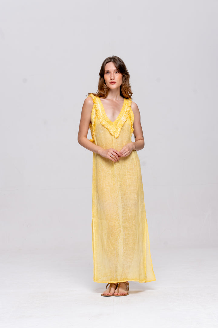 Vestido Alça Brigite Gaze de Linho Amarelo Manteiga