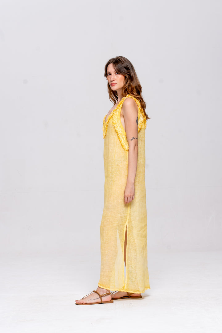 Vestido Alça Brigite Gaze de Linho Amarelo Manteiga