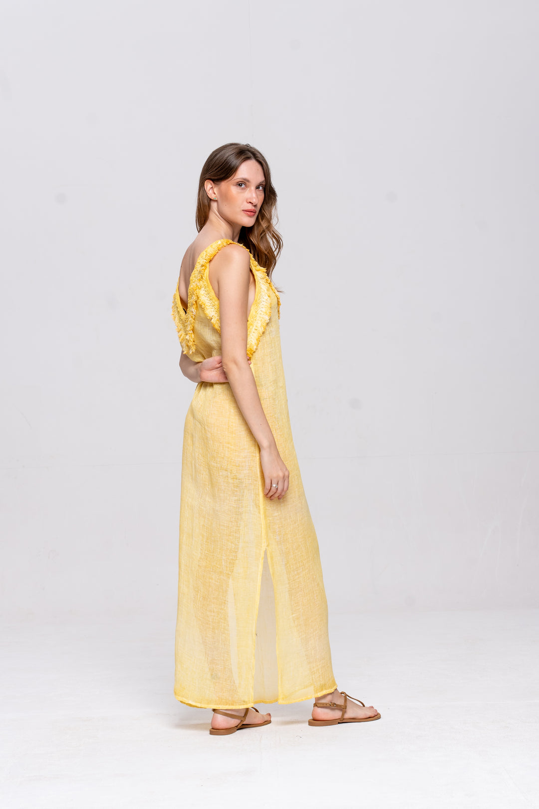 Vestido Alça Brigite Gaze de Linho Amarelo Manteiga