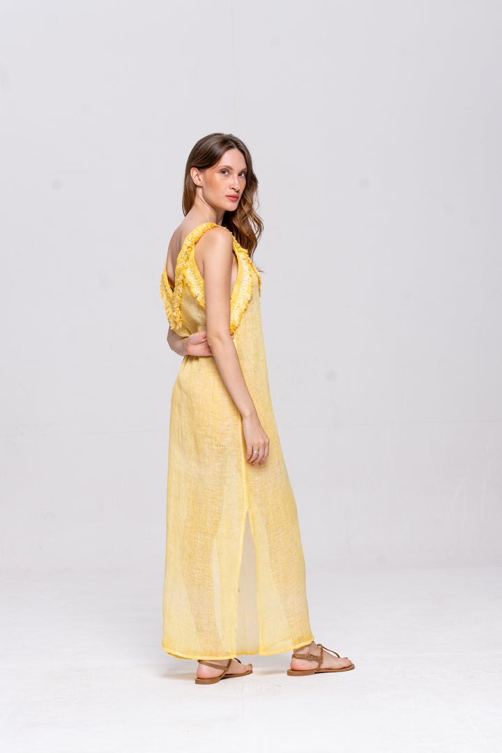 Vestido Alça Brigite Gaze de Linho Amarelo Manteiga