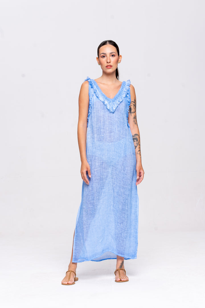 Vestido Alça Brigite Gaze de Linho Azul Caribe