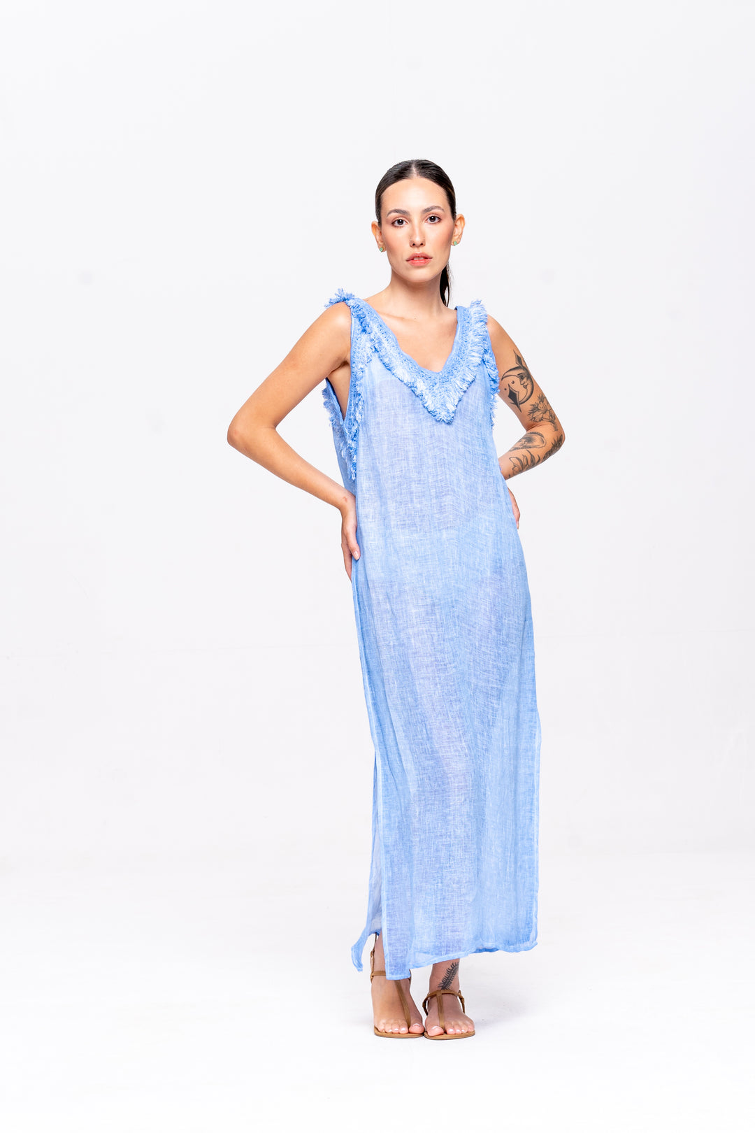 Vestido Alça Brigite Gaze de Linho Azul Caribe