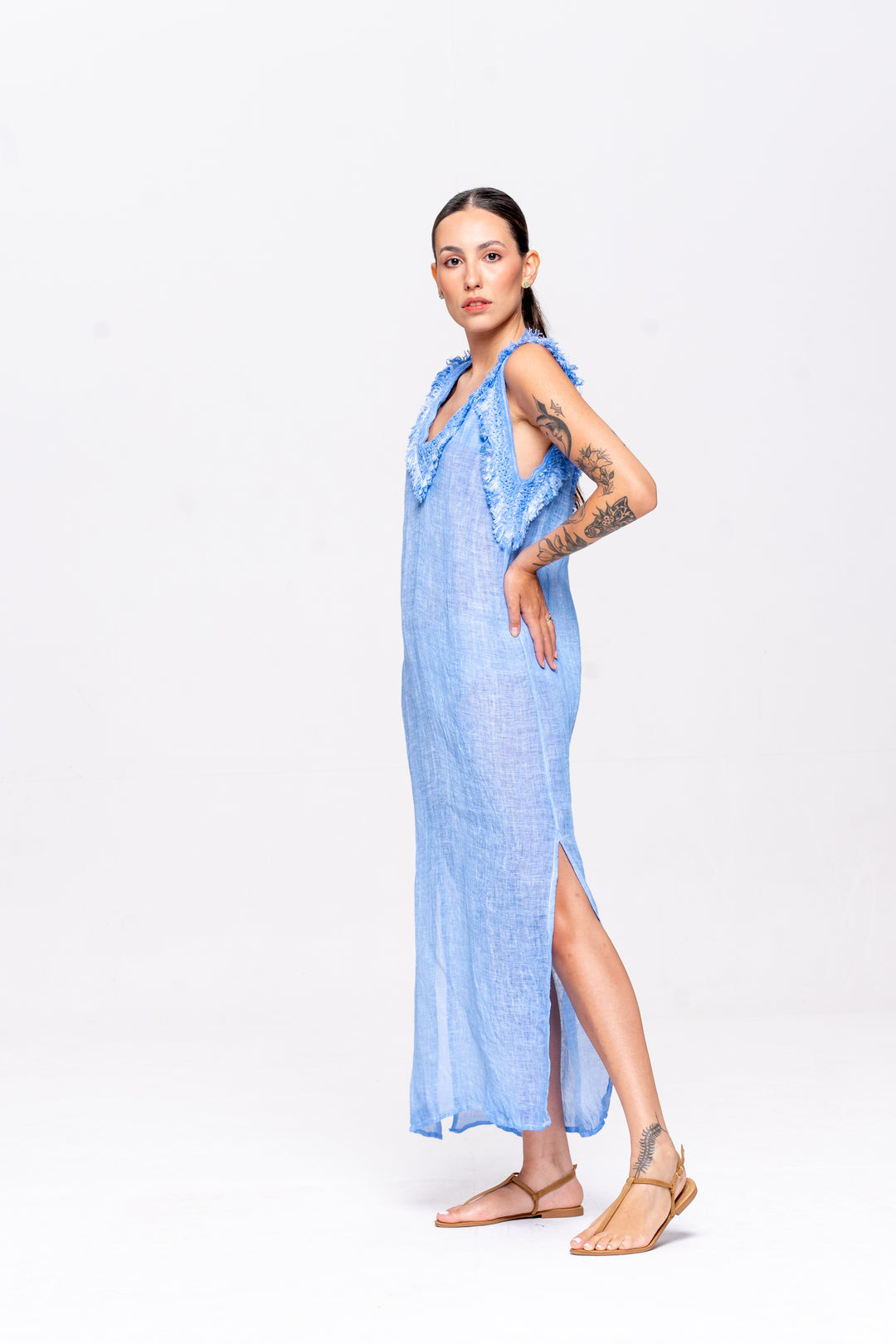Vestido Alça Brigite Gaze de Linho Azul Caribe