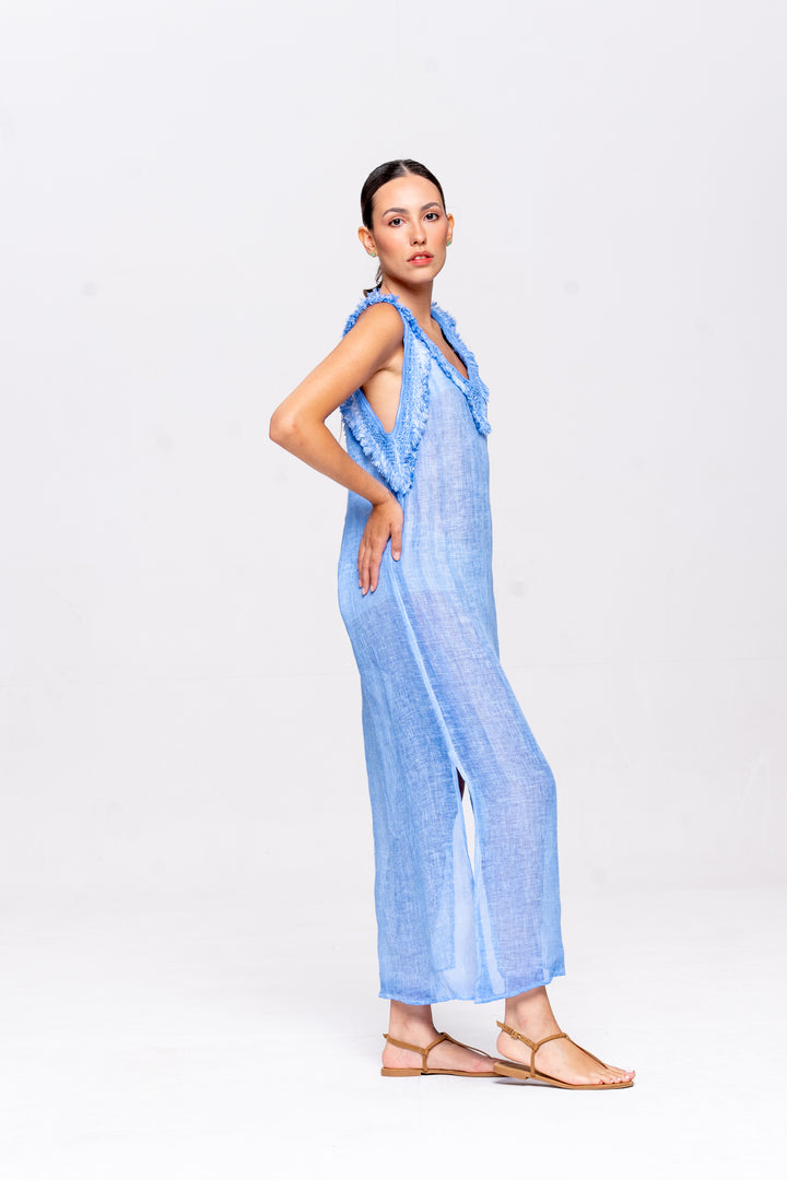 Vestido Alça Brigite Gaze de Linho Azul Caribe