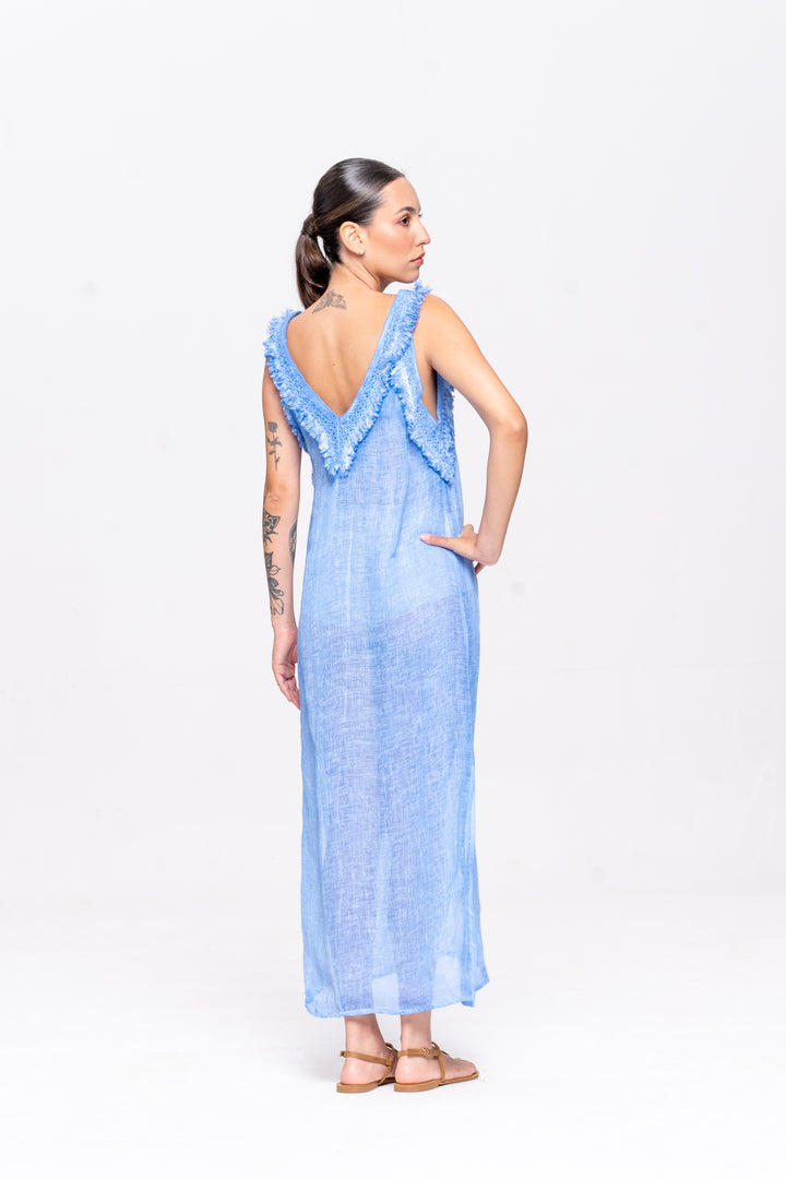 Vestido Alça Brigite Gaze de Linho Azul Caribe
