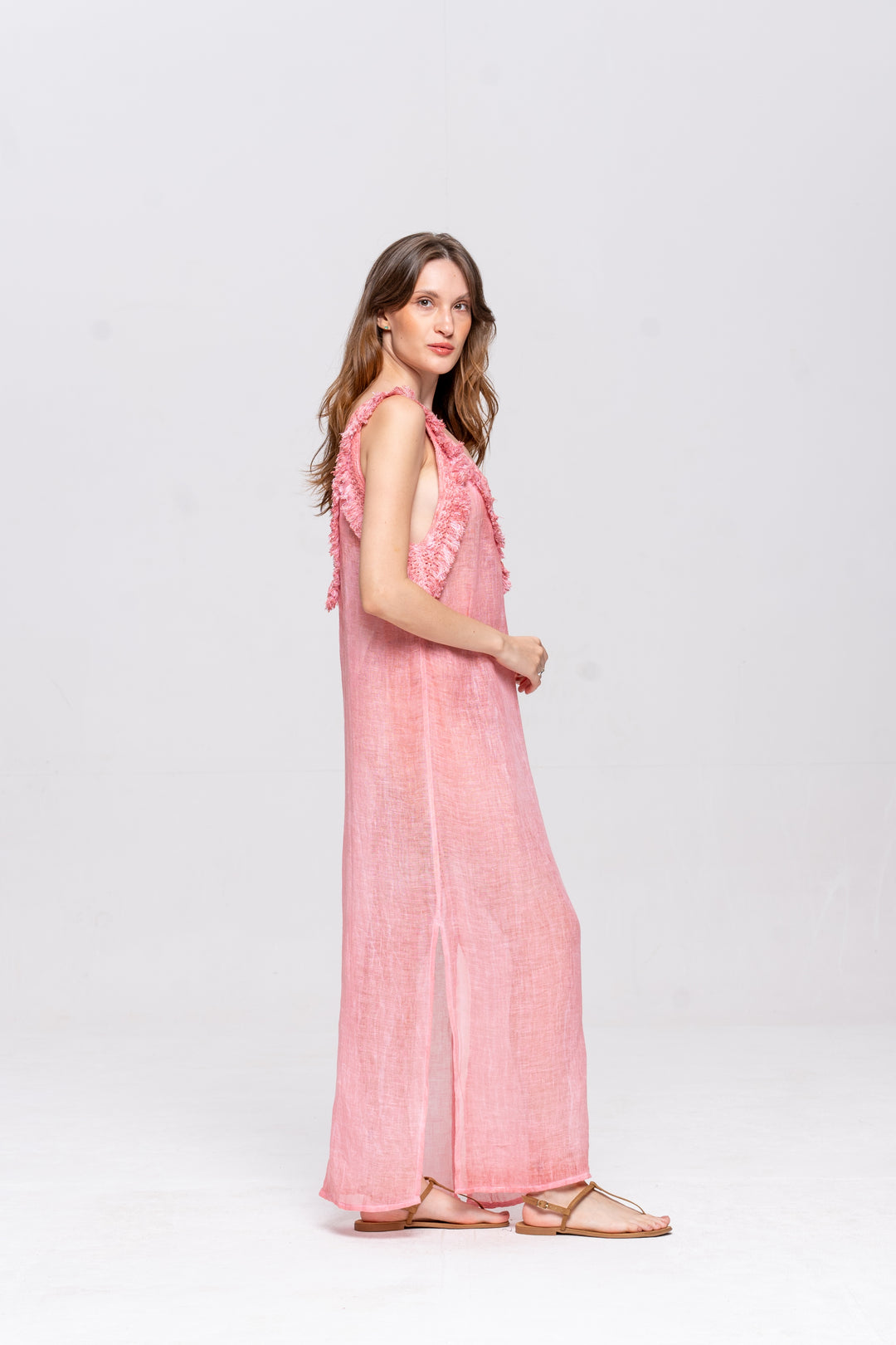 Vestido Alça Brigite Gaze de Linho Rosa Velho