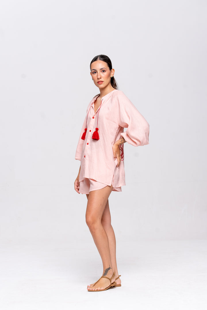 Bata Oceano Linho Bordado Polvo